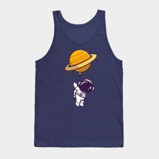 Cute Astronaut Floating With Planet Balloon In Space  Cartoon Tank Top